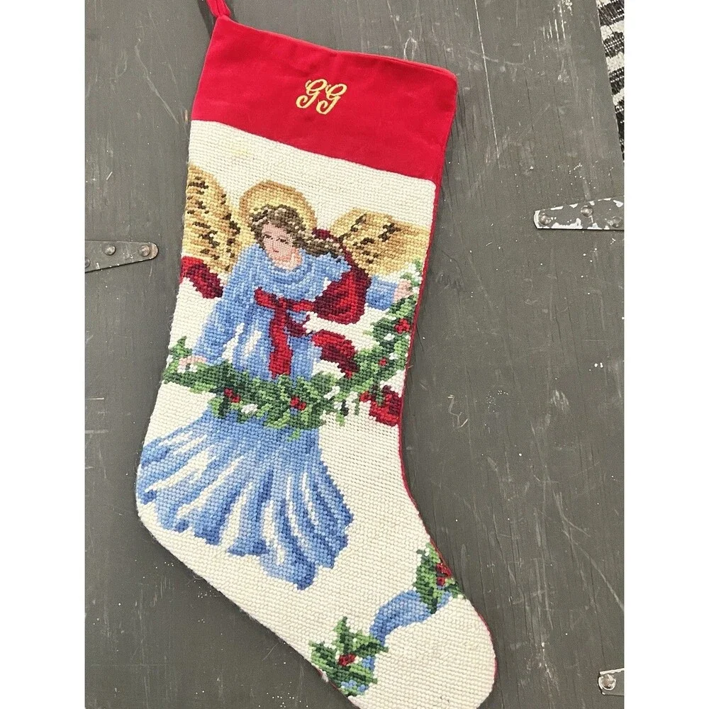 Lillian Vernon Needlepoint Christmas Stocking angel Wool Velvet Personalized Gg